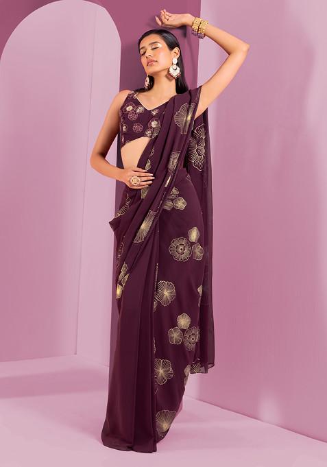 Dark Purple Foil Print Pre-Stitched Saree With Embroidered Blouse (Set of 2)