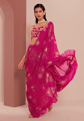 Hot Pink Floral Foil Print Pre-Stitched Saree (Without Blouse)