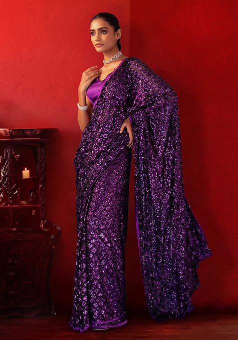 Purple Tonal Sequin Embroidered Pre-Stitched Saree Set With Satin Blouse