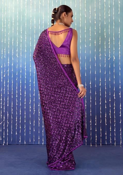 Black All-Over Sequin Saree with Tonal Embroidered Border and Fringe Pallu