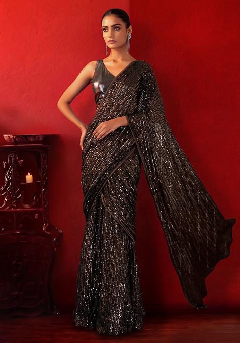 Brown Tonal Sequin Embroidered Pre-Stitched Saree Set With Metallic Blouse