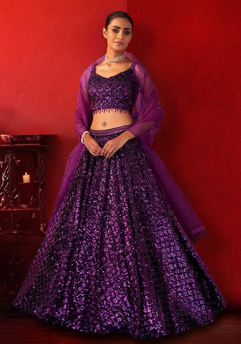 Purple Sequin Embroidered Lehenga Set With Crystal Embellished Blouse And Organza Dupatta