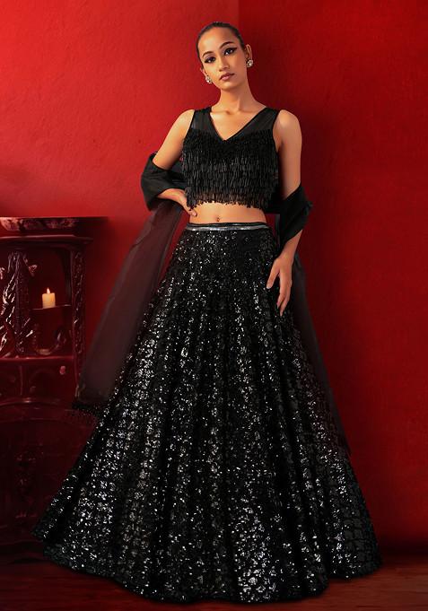 Black Sequin Embroidered Lehenga Set With Fringe Embellished Blouse And Organza Dupatta