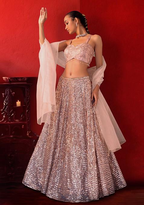 Rose Gold Sequin Striped Embroidered Lehenga Set With Blouse And Organza Dupatta