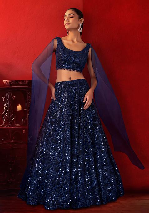 Navy Blue Abstract Sequin Embroidered Lehenga Set With Embroidered Blouse