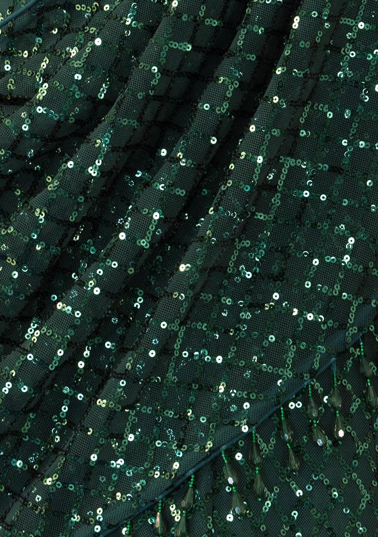 Buy Women Deep Green Sequin Embroidered One Shoulder Draped Gown - NLC00010 - Jewel Tones - Indya