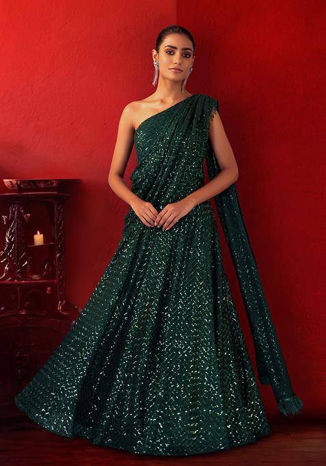 Deep Green Sequin Embroidered One Shoulder Draped Gown