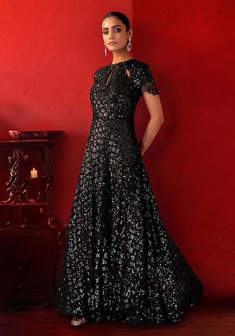Black Tonal Sequin Embroidered Gown