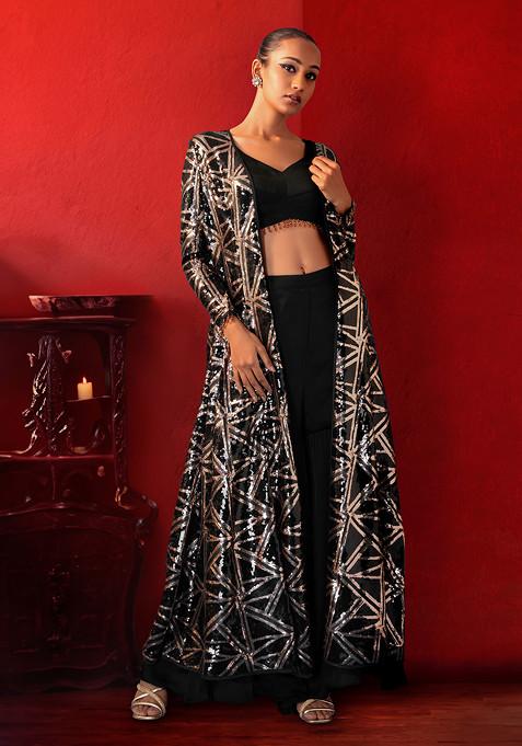 Black Sharara Set With Blouse And Abstract Sequin Embroidered Jacket