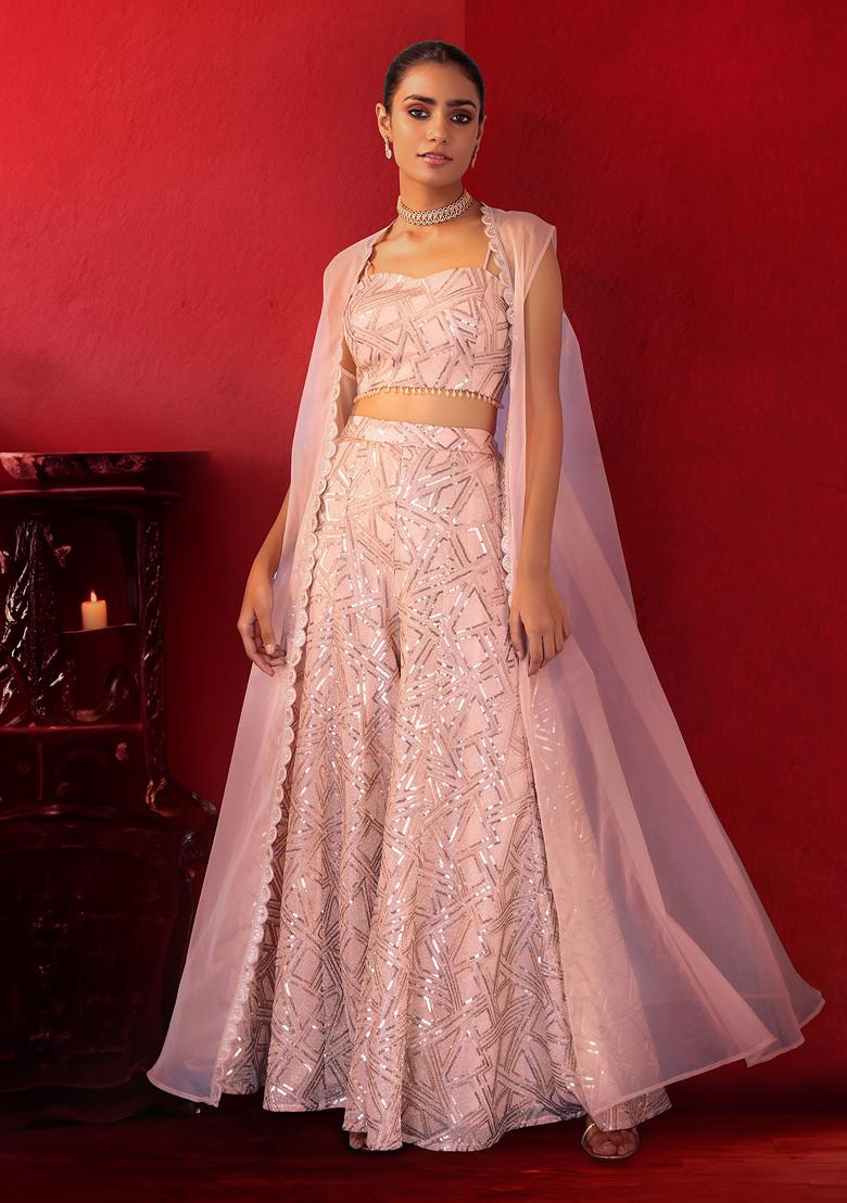 Rose Gold Stone Embroidered Silk Crop Top Set With Jacket