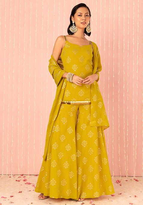 Yellow Floral Foil Print Sharara With Short Kurta And Dupatta (Set of 3)