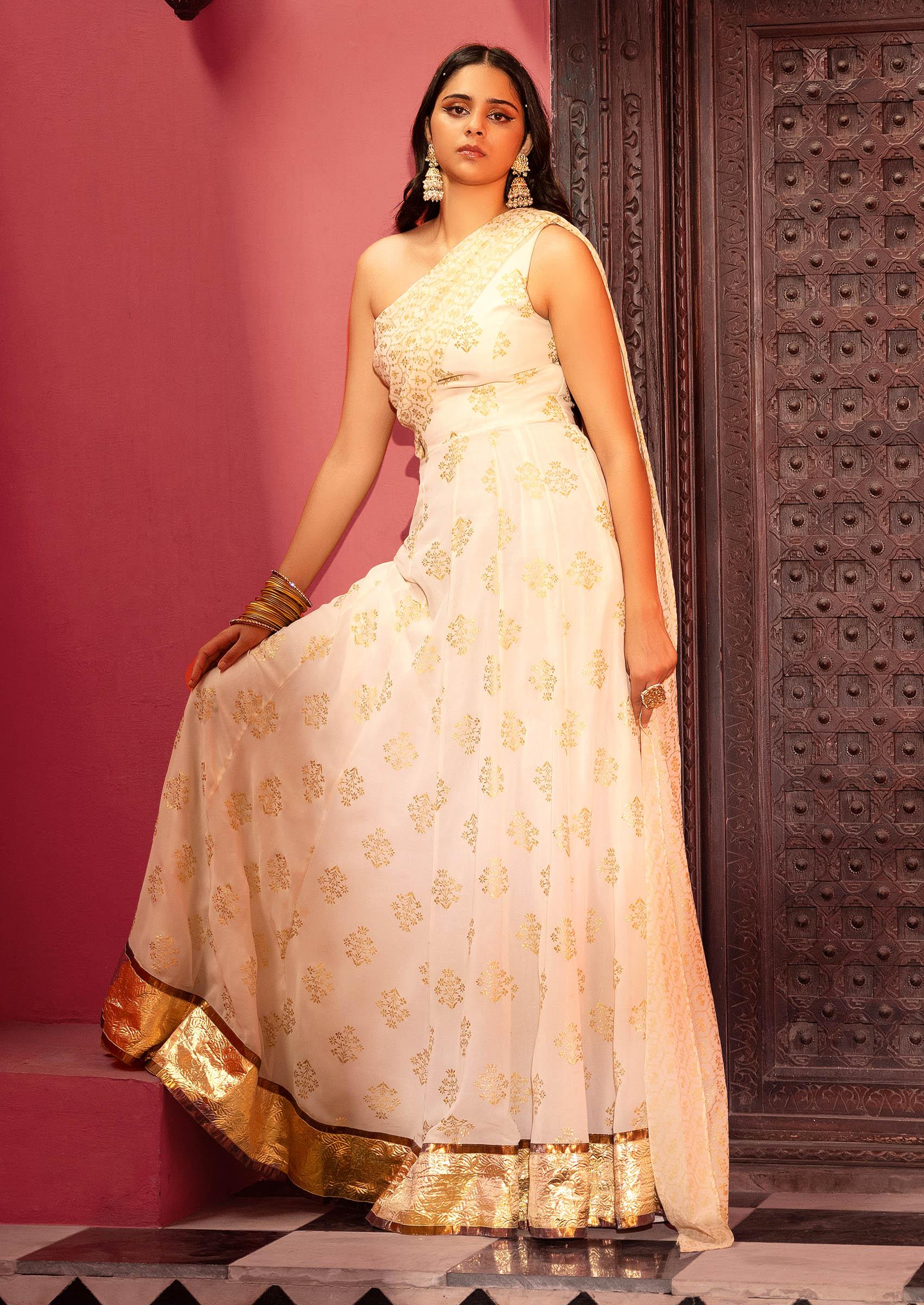 Indo Western Dress outlets For Women, One Shoulder Indian Dress, Printed Fusion Dress, Festive Kurti For Women, Anarkali Dress, Indian Flared Kurta