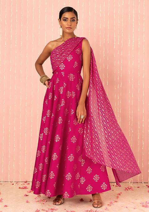 Hot Pink Foil Print One Shoulder Anarkali Kurta With Attached Drape