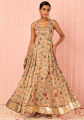 Pastel pink and green floral maxi dress with embroidered dupatta - Set Of  Two by The Anarkali Shop