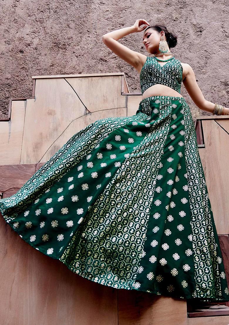 Buy Women Dark Green Floral Foil Print Silk Lehenga Skirt Lehenga Skirt Indya