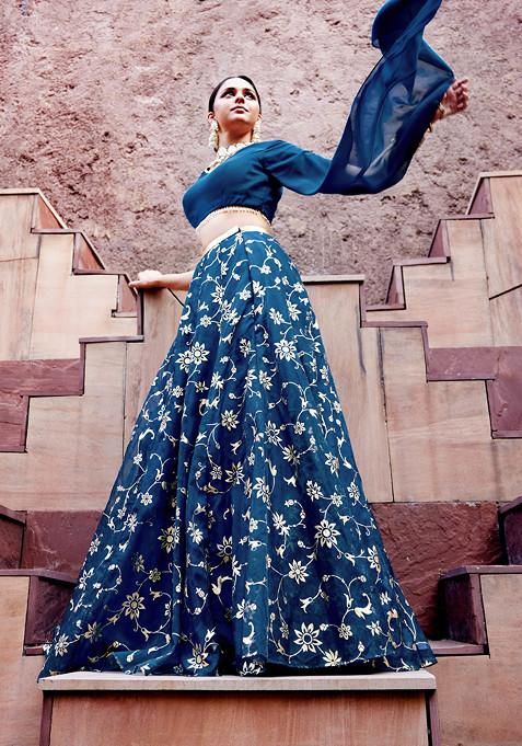 Blue Floral Foil Print Organza Lehenga Skirt