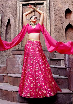 Hot Pink Floral Foil Print Organza Lehenga Skirt