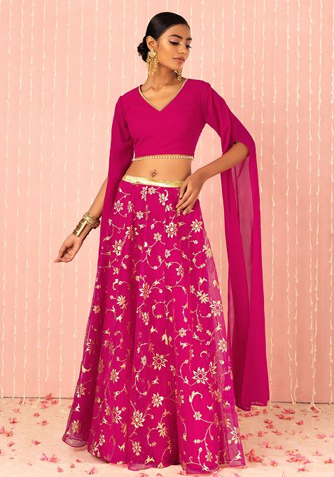 Buy Women Hot Pink Floral Foil Print Organza Lehenga Skirt - Lehenga ...