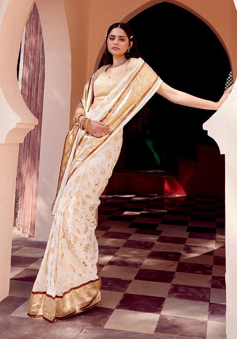 Ivory Floral Foil Print Pre-Stitched Saree (Without Blouse)