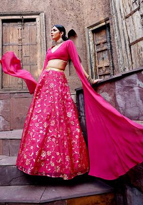 Hot Pink V-Neck Exaggerated Sleeve Blouse