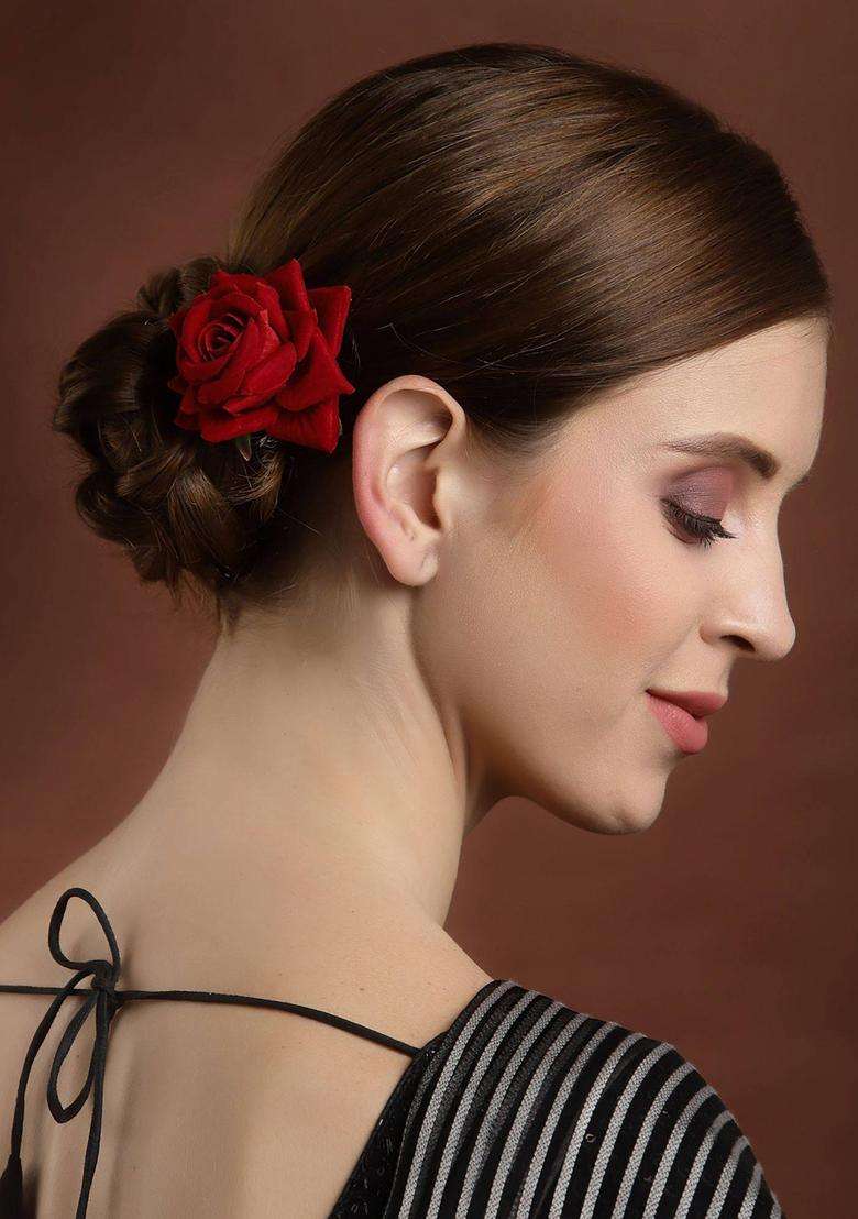 Red Floral Metal Hair Accessories - Indya