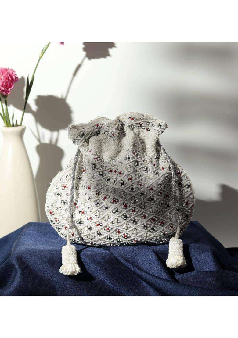 White Embellished Suede Batuas & Potlis - Indya