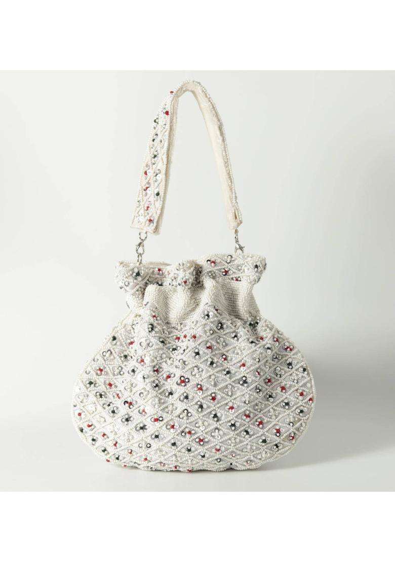 White Embellished Suede Batuas & Potlis - Indya