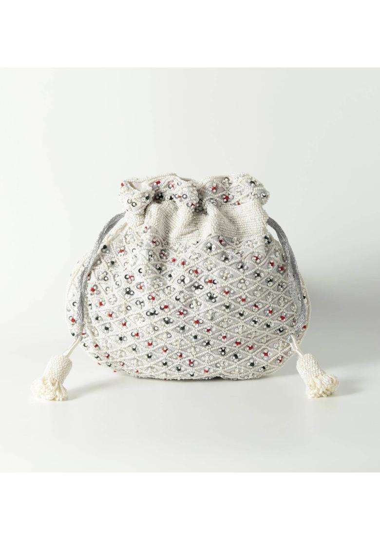 White Embellished Suede Batuas & Potlis - Indya