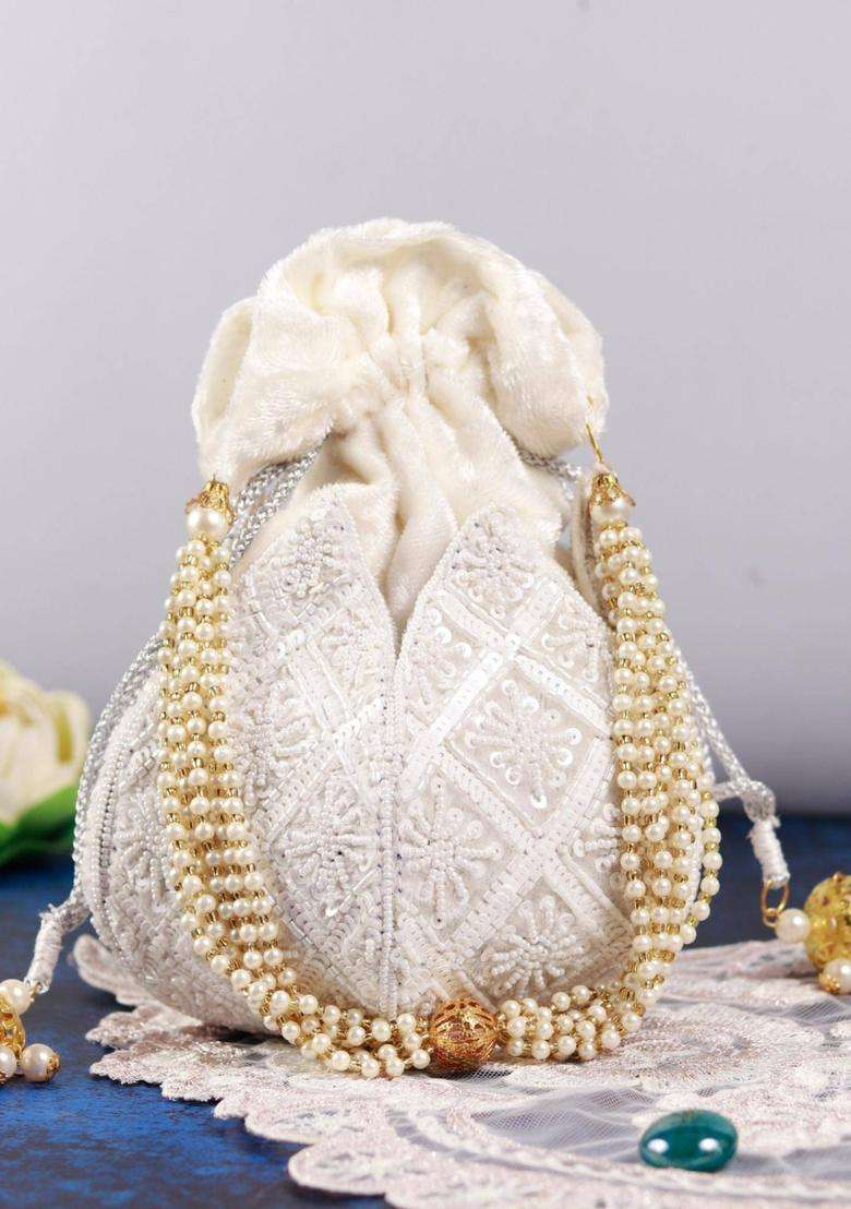 White Embellished Velvet Batuas & Potlis - Indya