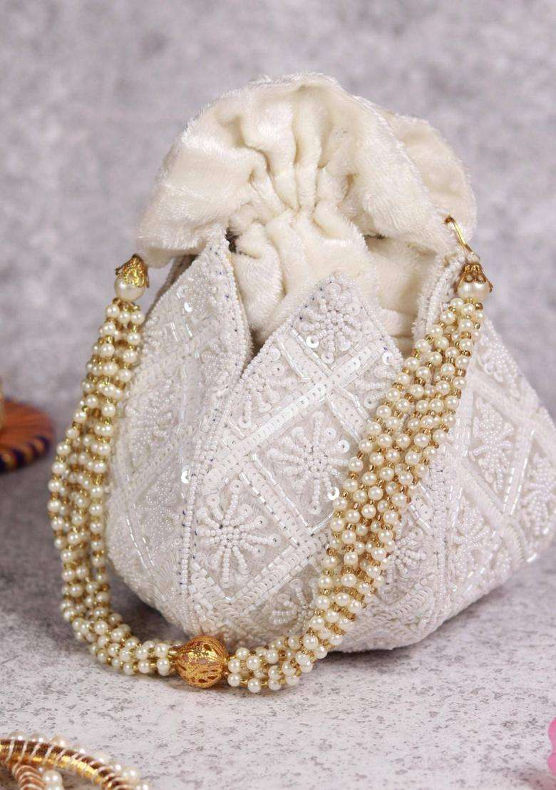 White Embellished Velvet Batuas & Potlis - Indya