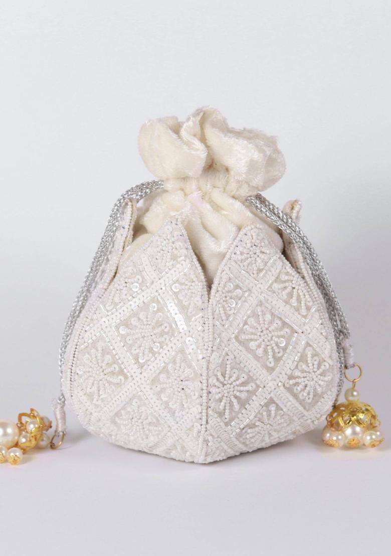 White Embellished Velvet Batuas & Potlis - Indya