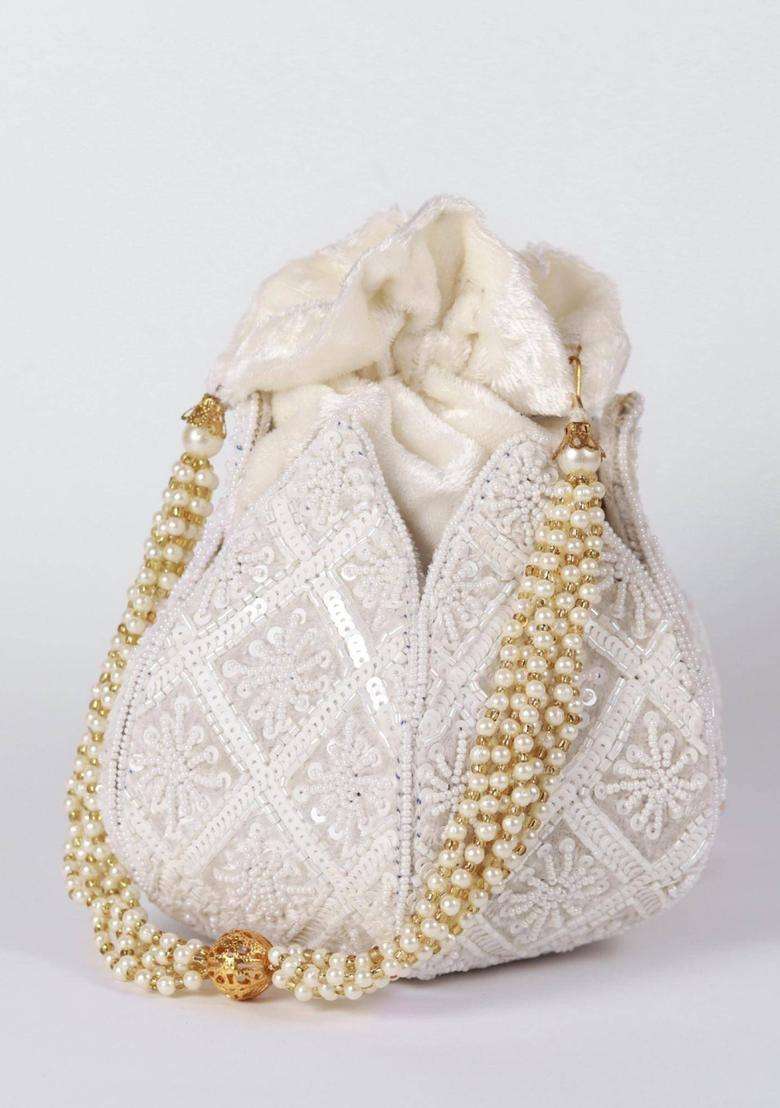 White Embellished Velvet Batuas & Potlis - Indya