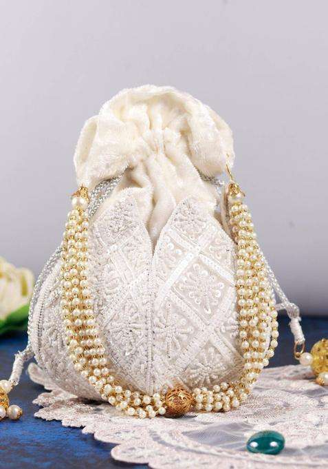 White Embellished Velvet Batuas & Potlis