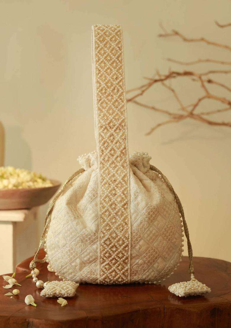White Embroidered Cotton Batuas & Potlis - Indya