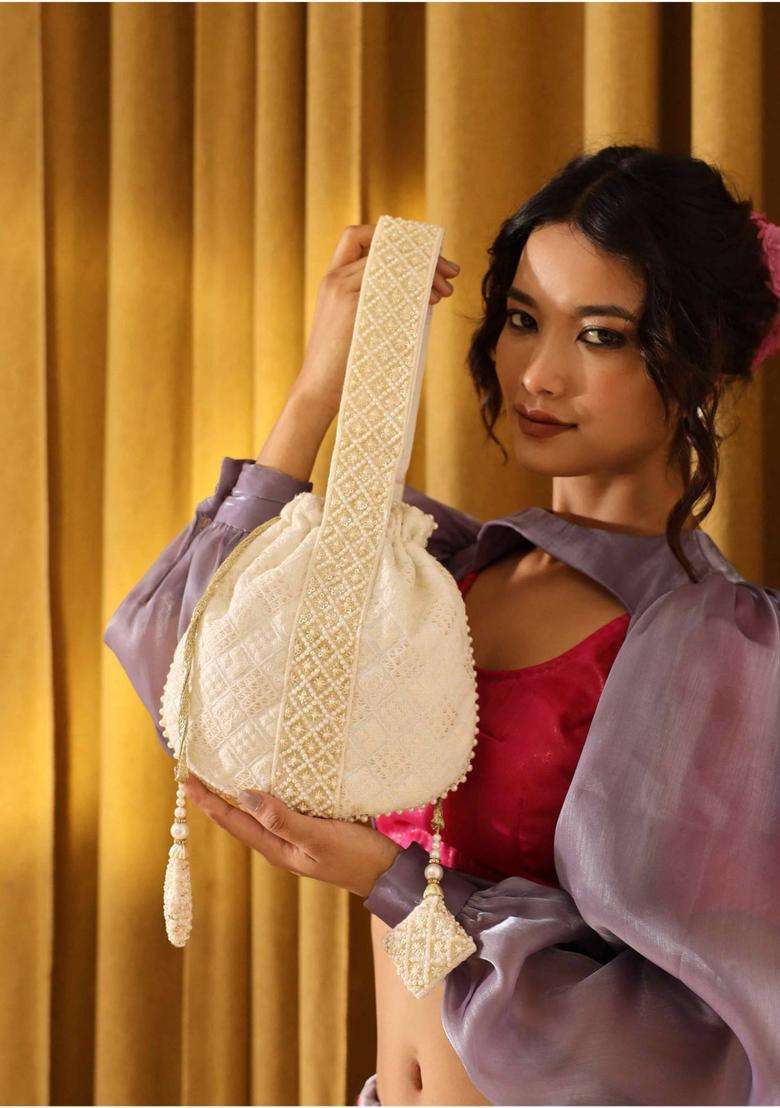 White Embroidered Cotton Batuas & Potlis - Indya