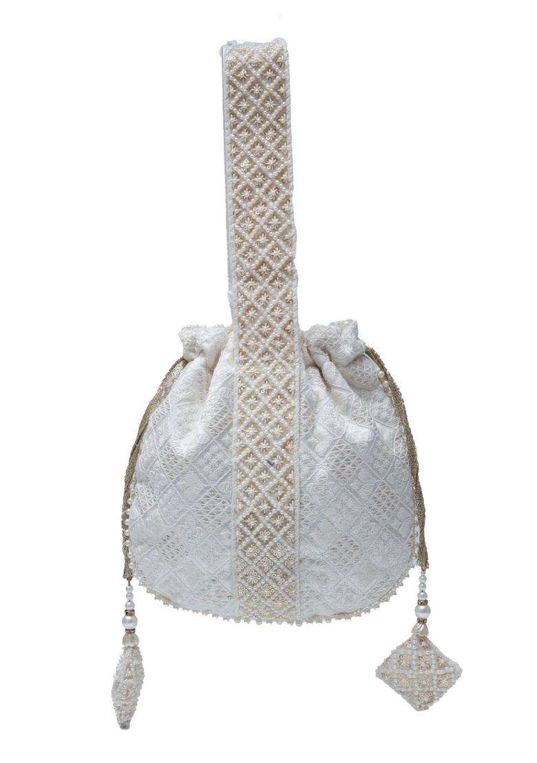 White Embroidered Cotton Batuas & Potlis - Indya