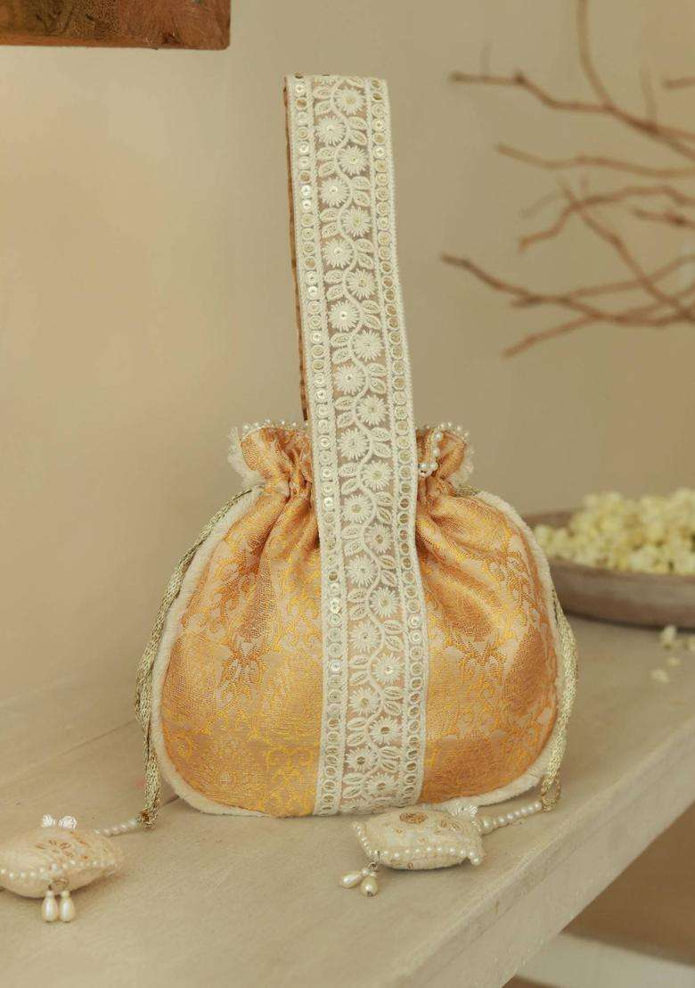 Yellow Embroidered Cotton Batuas & Potlis - Indya