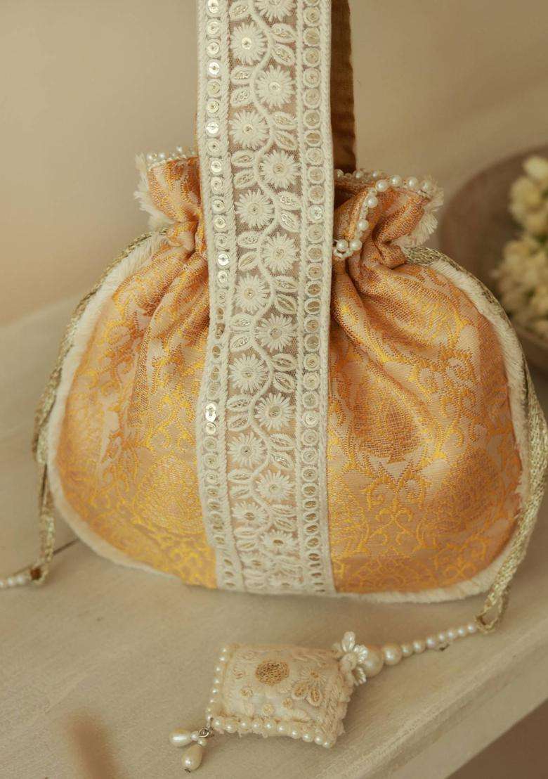 Yellow Embroidered Cotton Batuas & Potlis - Indya