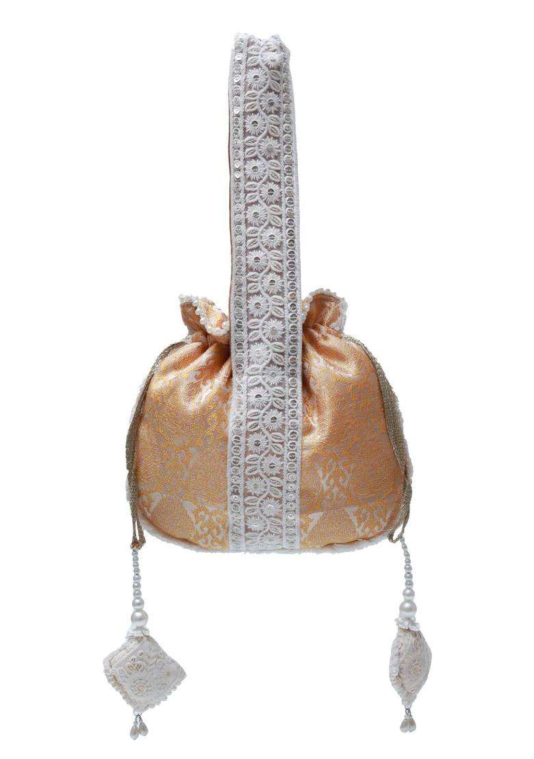 Yellow Embroidered Cotton Batuas & Potlis - Indya