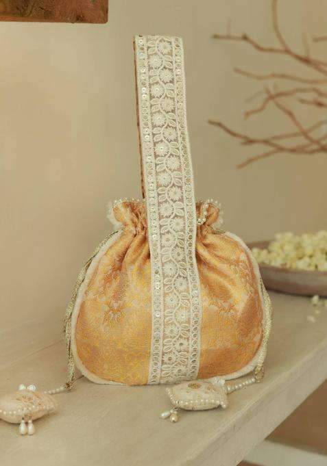 Yellow Embroidered Cotton Batuas & Potlis