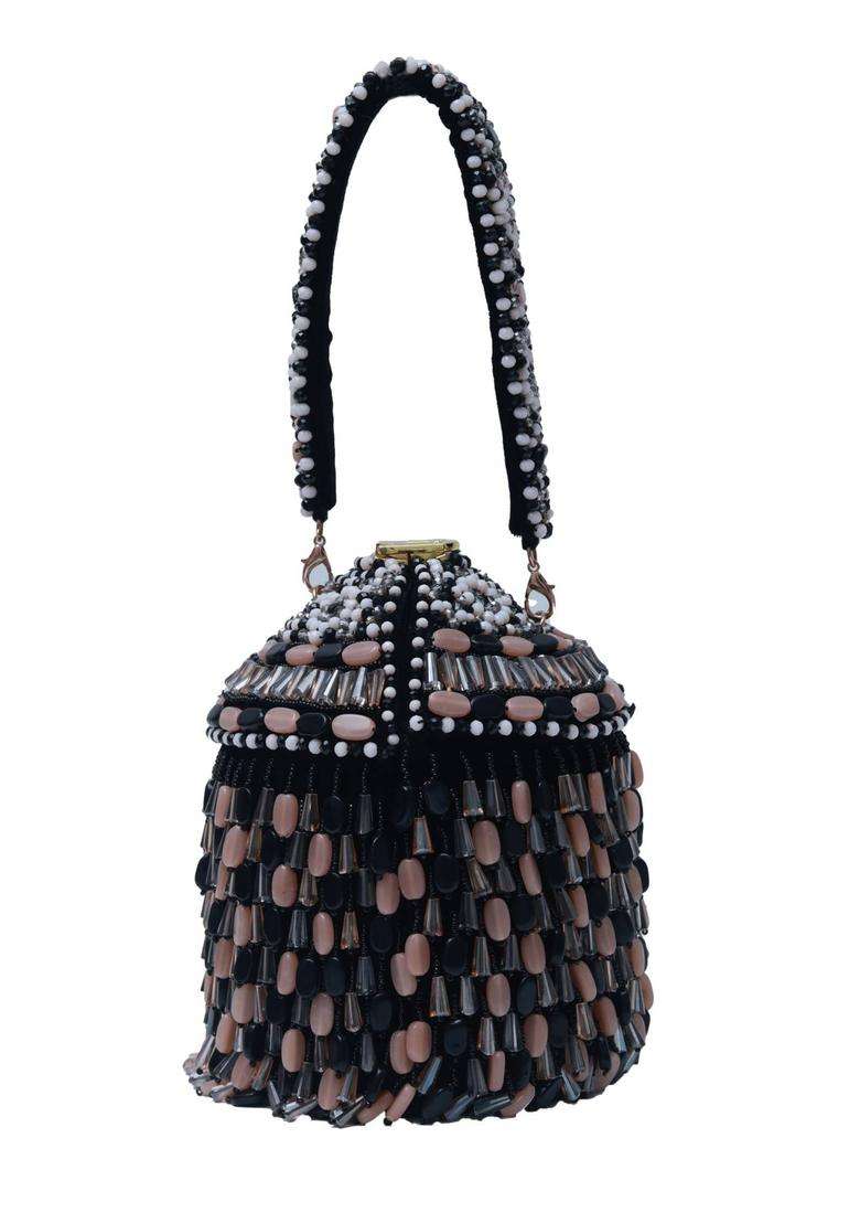 Black Embellished Suede Bucket Bags - Indya