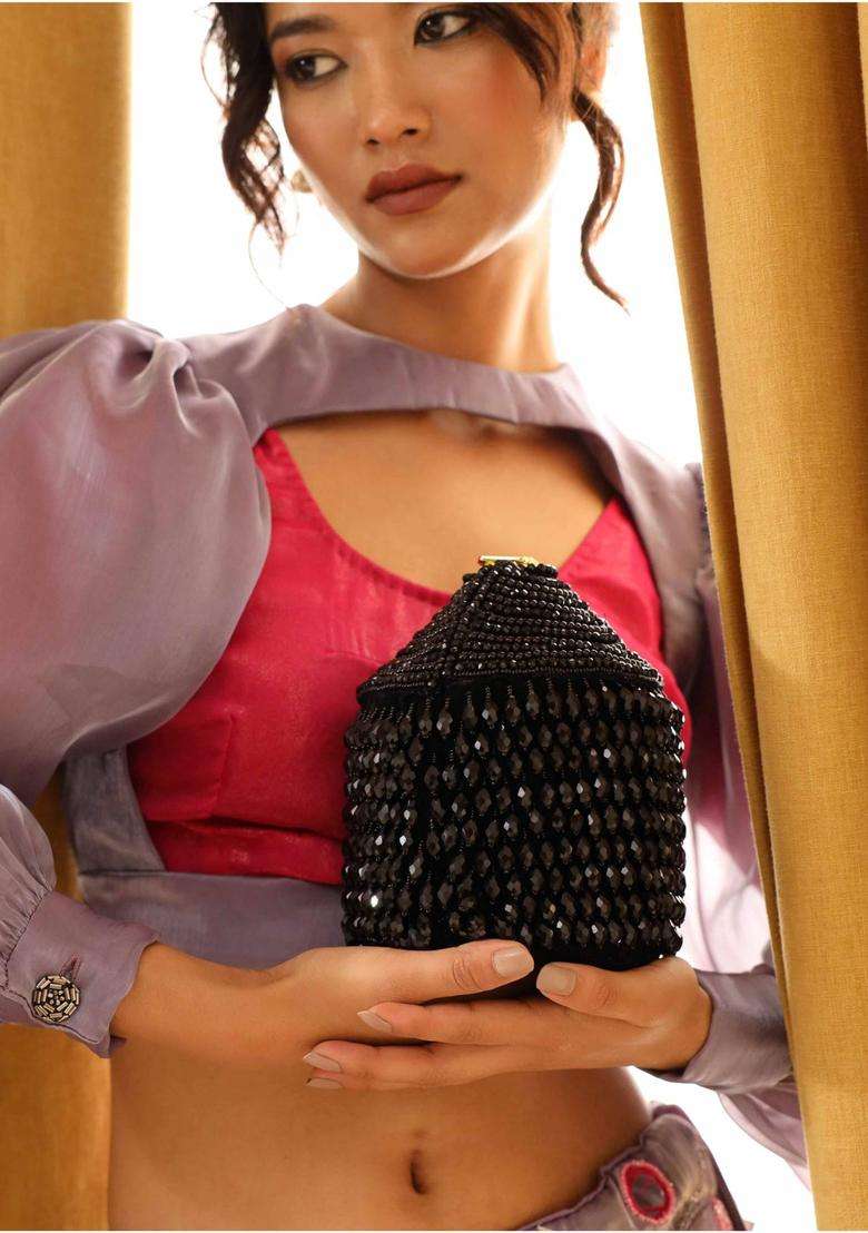 Black Embellished Suede Bucket Bags - Indya