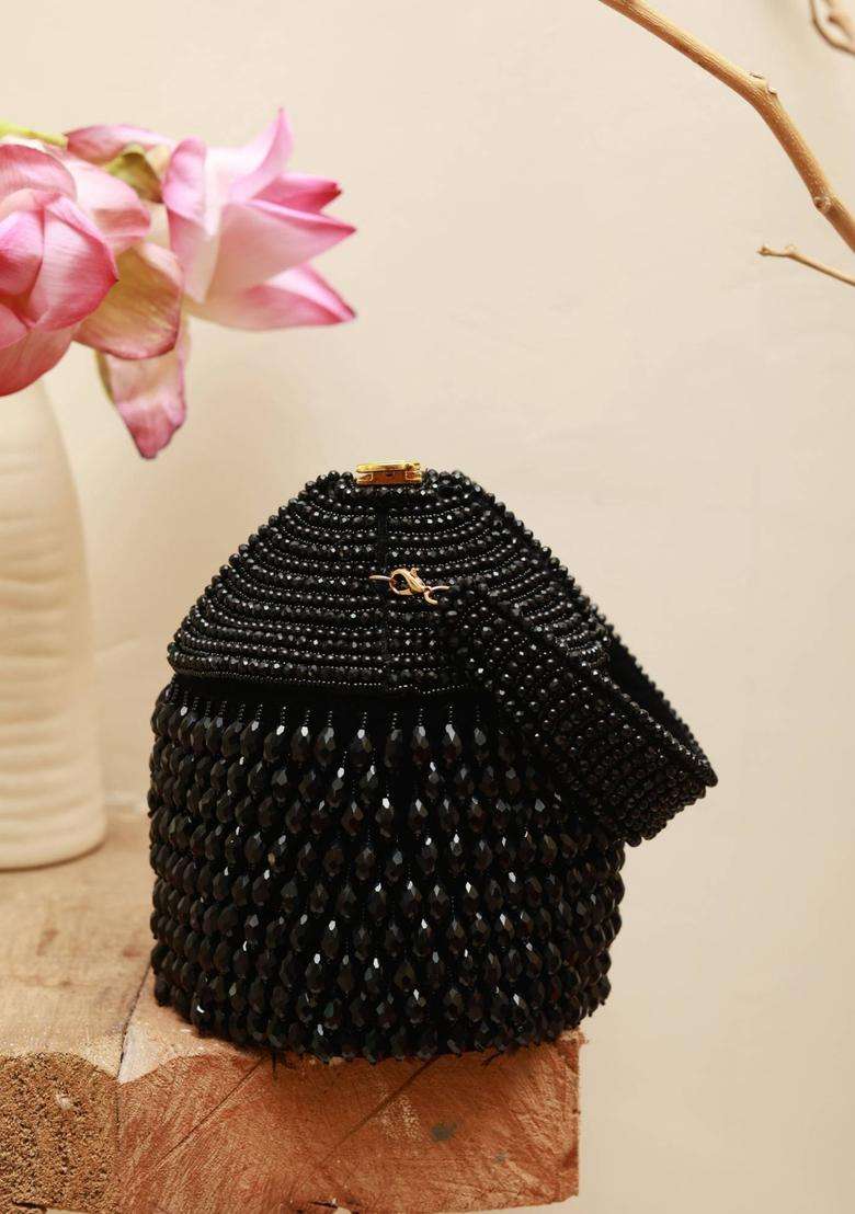 Black Embellished Suede Bucket Bags - Indya