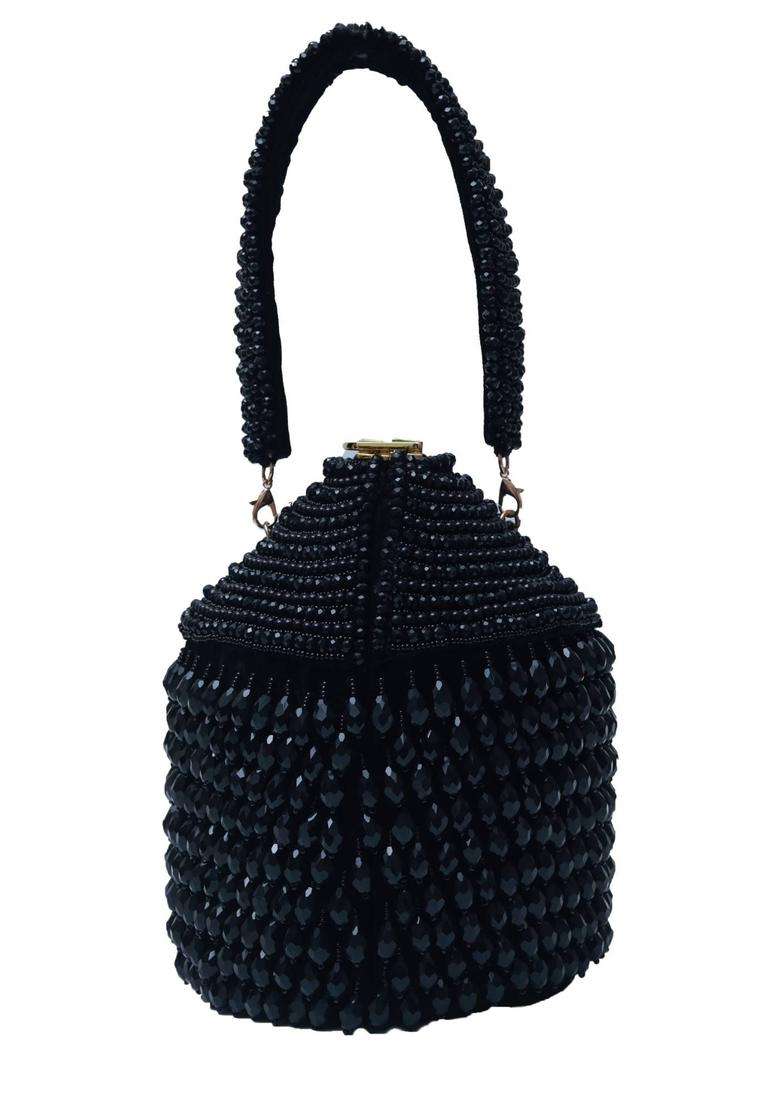 Black Embellished Suede Bucket Bags - Indya