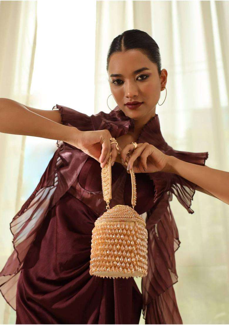Gold Embellished Suede Bucket Bags - Indya