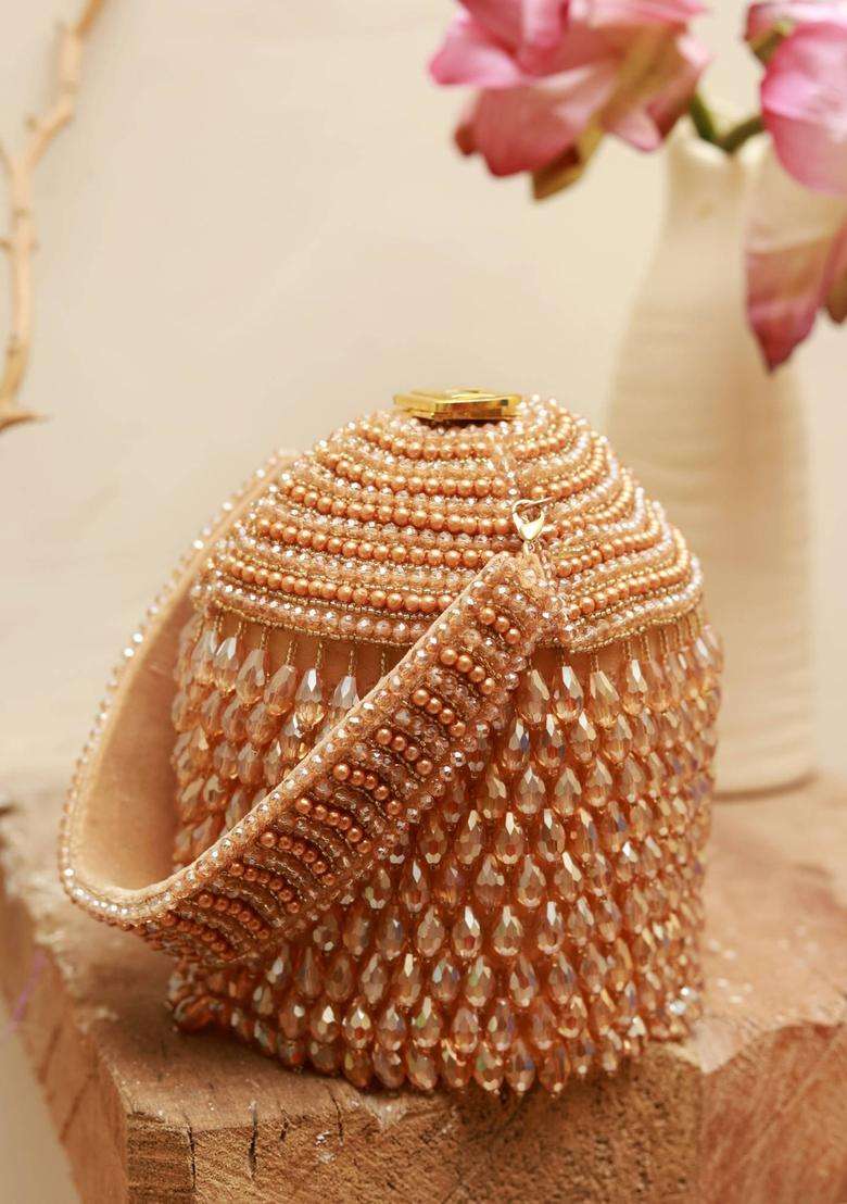 Gold Embellished Suede Bucket Bags - Indya
