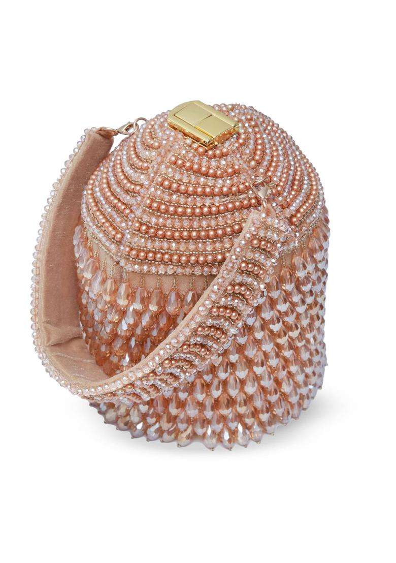 Gold Embellished Suede Bucket Bags - Indya