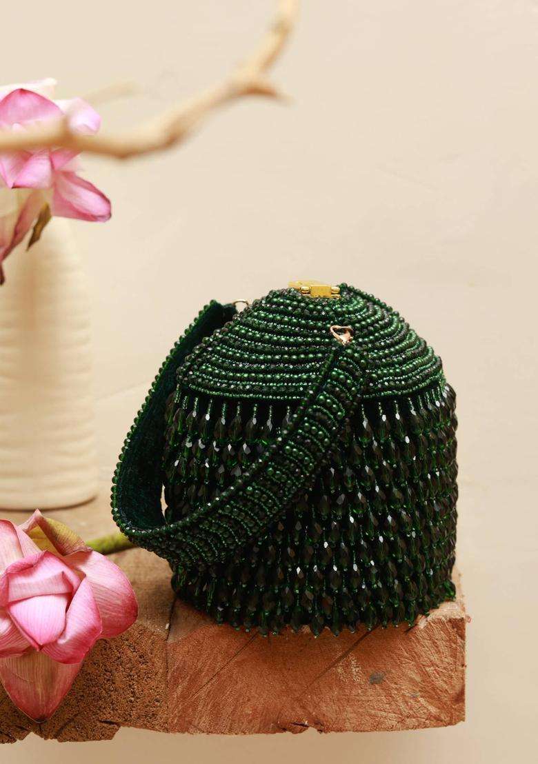 Green Embellished Suede Bucket Bags - Indya