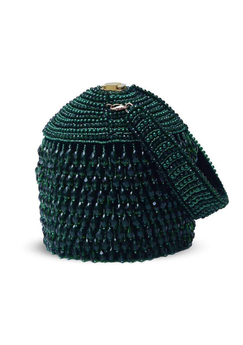 Green Embellished Suede Bucket Bags - Indya