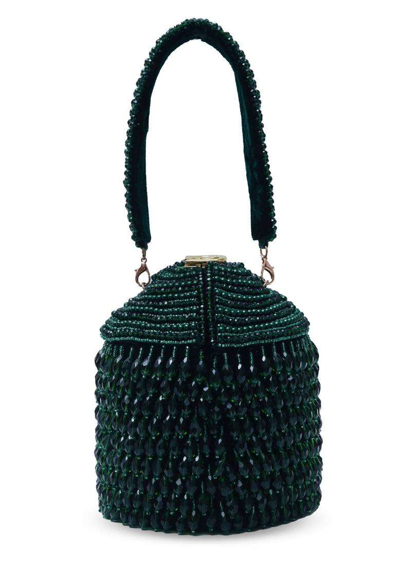 Green Embellished Suede Bucket Bags - Indya